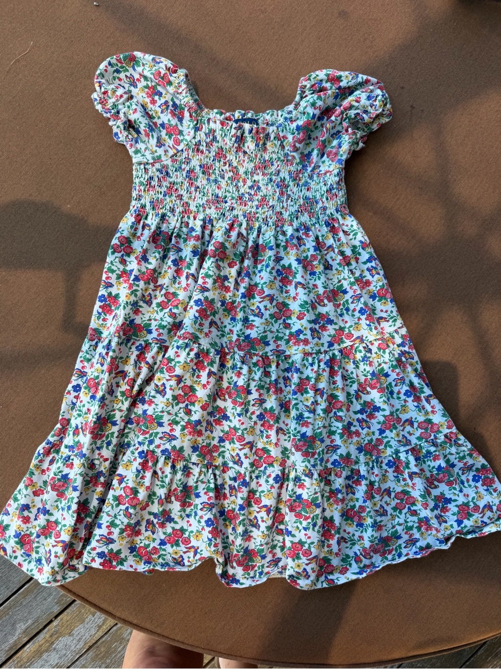 Polo by Ralph Lauren White Floral Smocked Tiered Dress with Pink & Blue Flowers